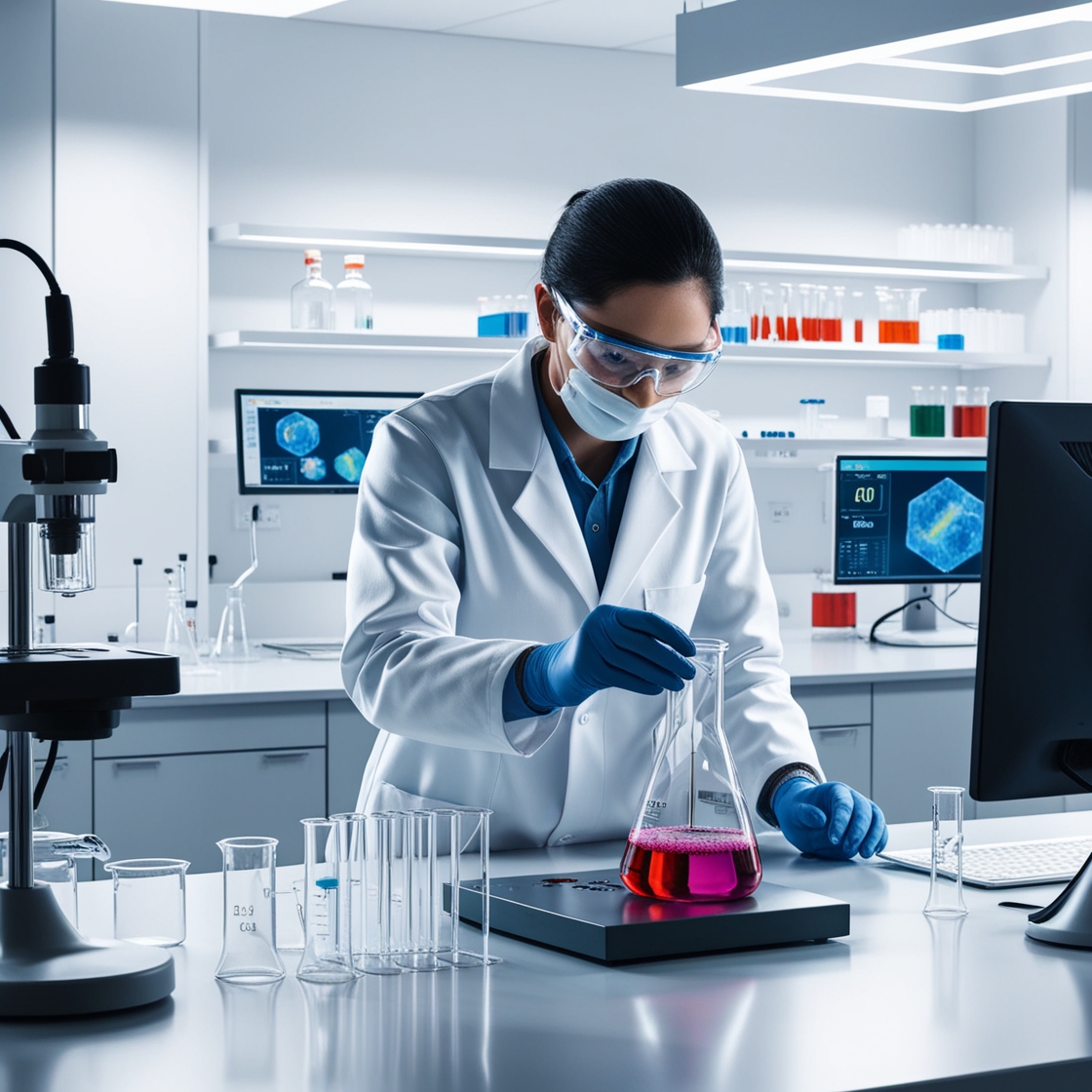epresentación de un técnico forense analizando una muestra en un laboratorio moderno. Laboratorio de Criminalística Forense