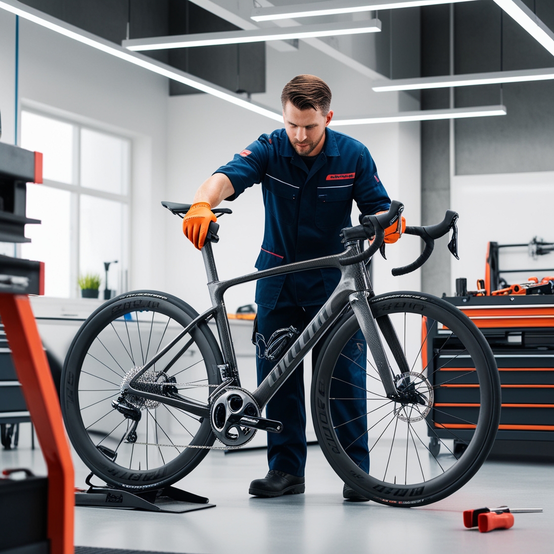 Un técnico especializado evalúa los daños en una bicicleta de fibra de carbono dentro de un taller moderno, rodeado de herramientas y equipo profesional.