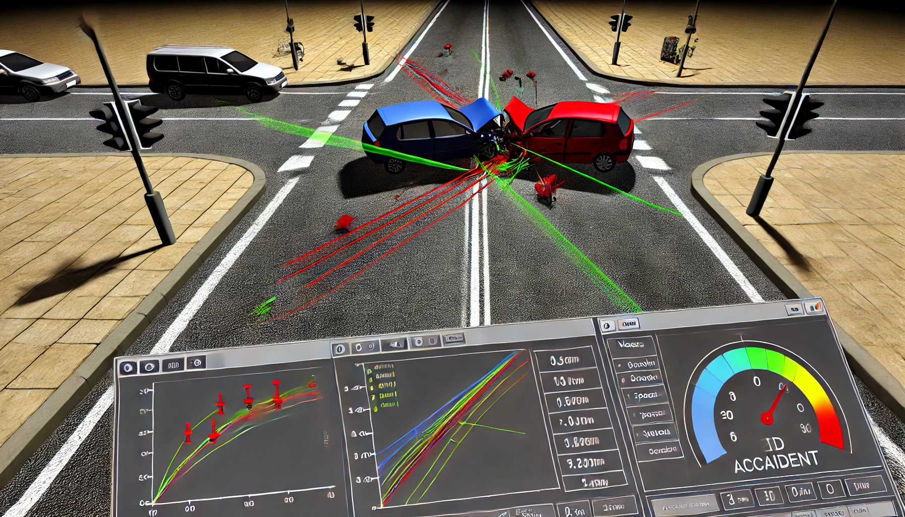 Simulación digital de un accidente de tráfico Representación digital en 3D de un accidente de tráfico con trayectorias y cálculos técnicos, diseñada para reconstruir las causas del siniestro.
