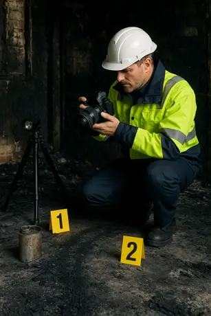 Perito investigando el origen de un incendio
