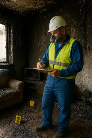 Perito inspeccionando objetos y bienes dañados en un incendio