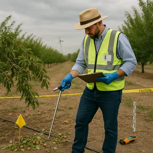 PErito agronomo investigando daños en arboles frutales