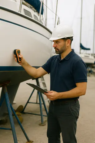Perito evaluando el estado del casco de una embarcacion antes de una compra