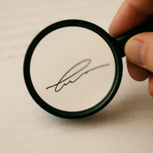 Perito analizando rubrica dubitada en contrato de compraventa